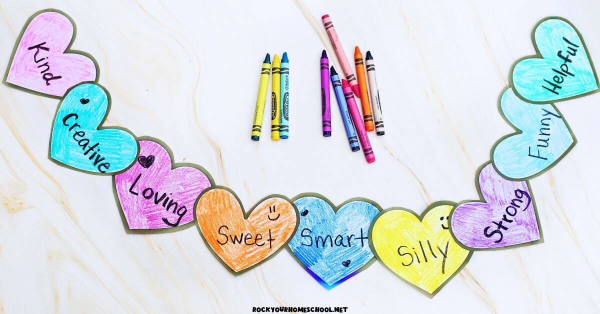 Example of simple kindness hearts garland craft with crayons.