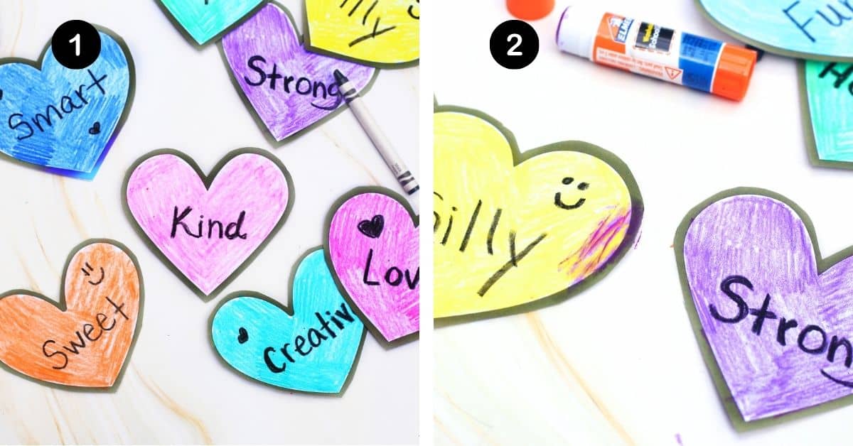 Paper hearts colored with crayons and with kind words like sweet, creative, smart, and strong glued together with glue stick for simple heart garland.