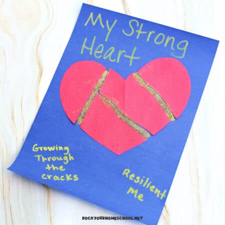 Example of Kintsugi-inspired resilience activity with this rip and repair heart craft that says My Strong Heart.