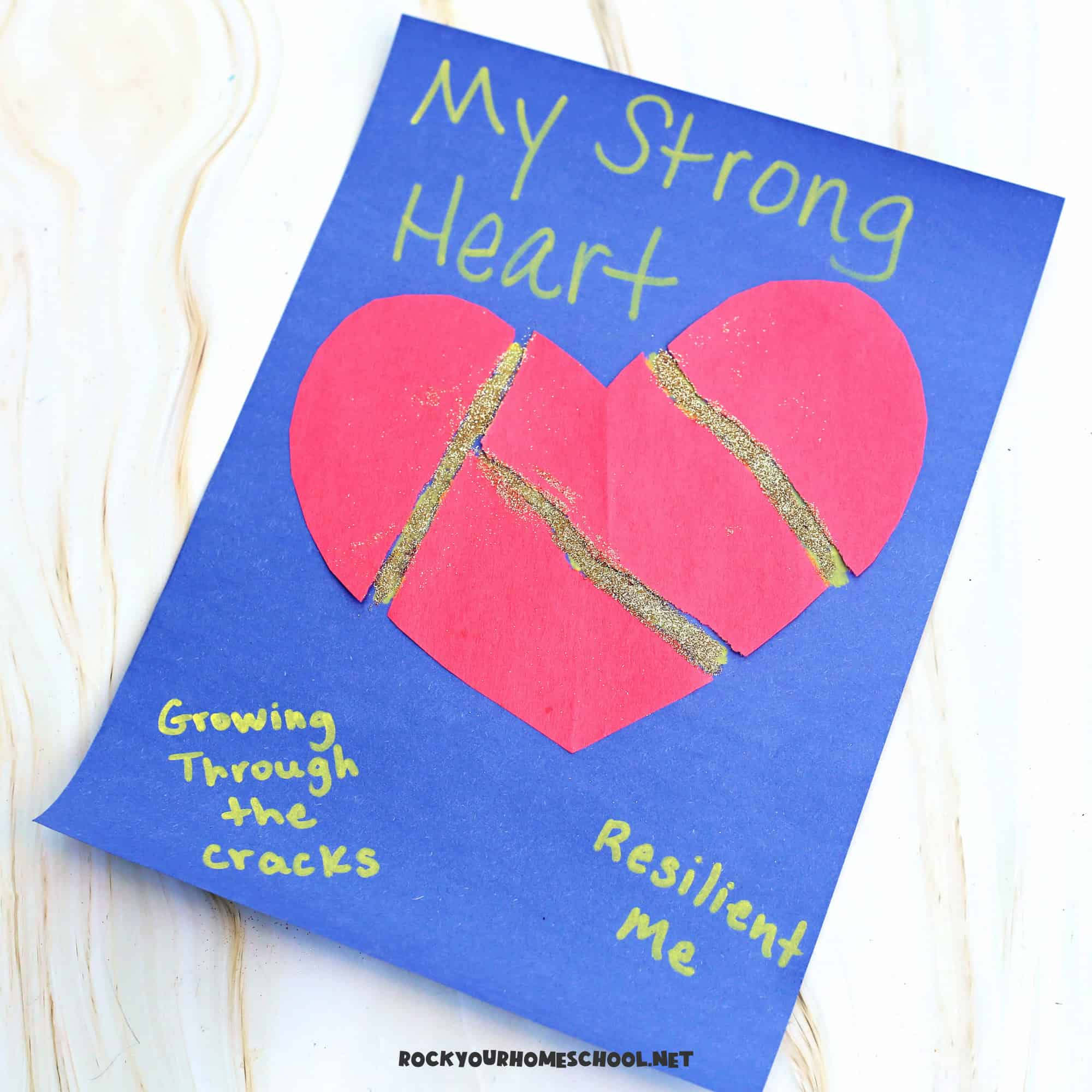 Example of Kintsugi-inspired resilience activity with this rip and repair heart craft that says My Strong Heart.
