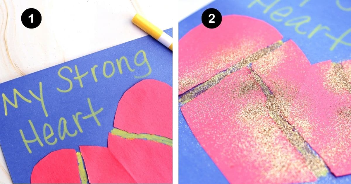 My Strong Heart written on blue construction paper with red paper heart in pieces with gold glitter in cracks.