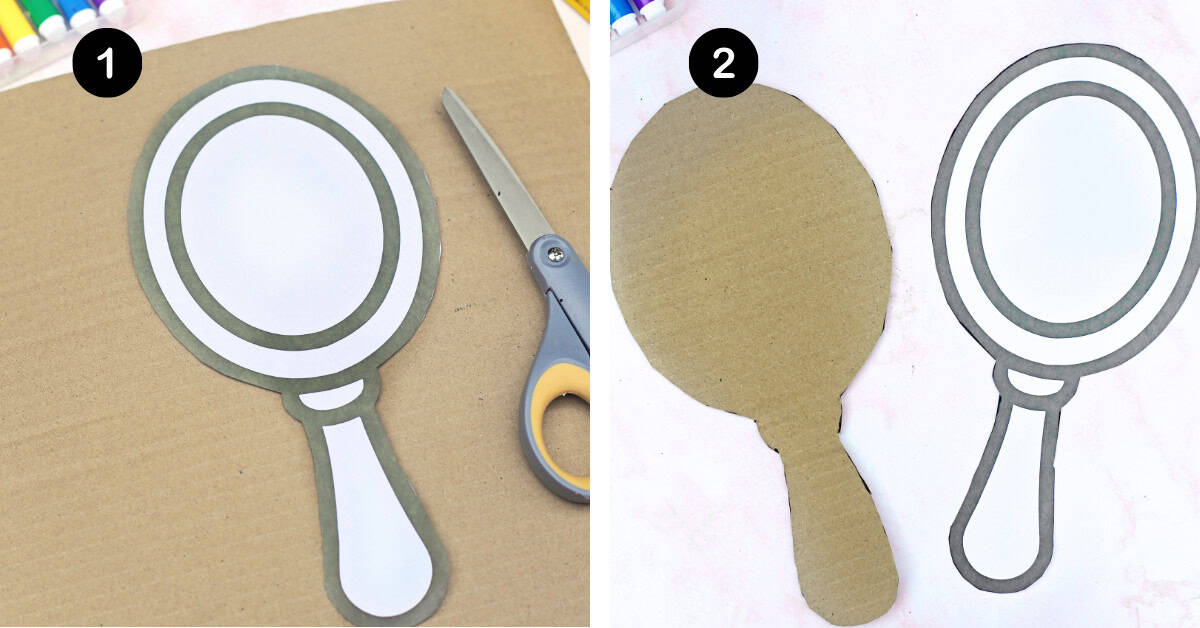 Free printable mirror template on cardboard and both cut out with scissors.