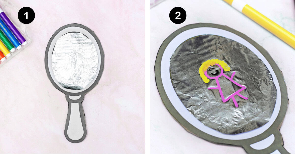 Aluminum foil on mirror template on cardboard and girl stick figure drawn with markers for this confidence craft for kids.