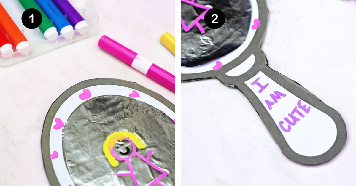 Pink hearts drawn as decorations on self-esteem mirror craft with cardboard and aluminum foil and I Am Cute affirmation written on handle.