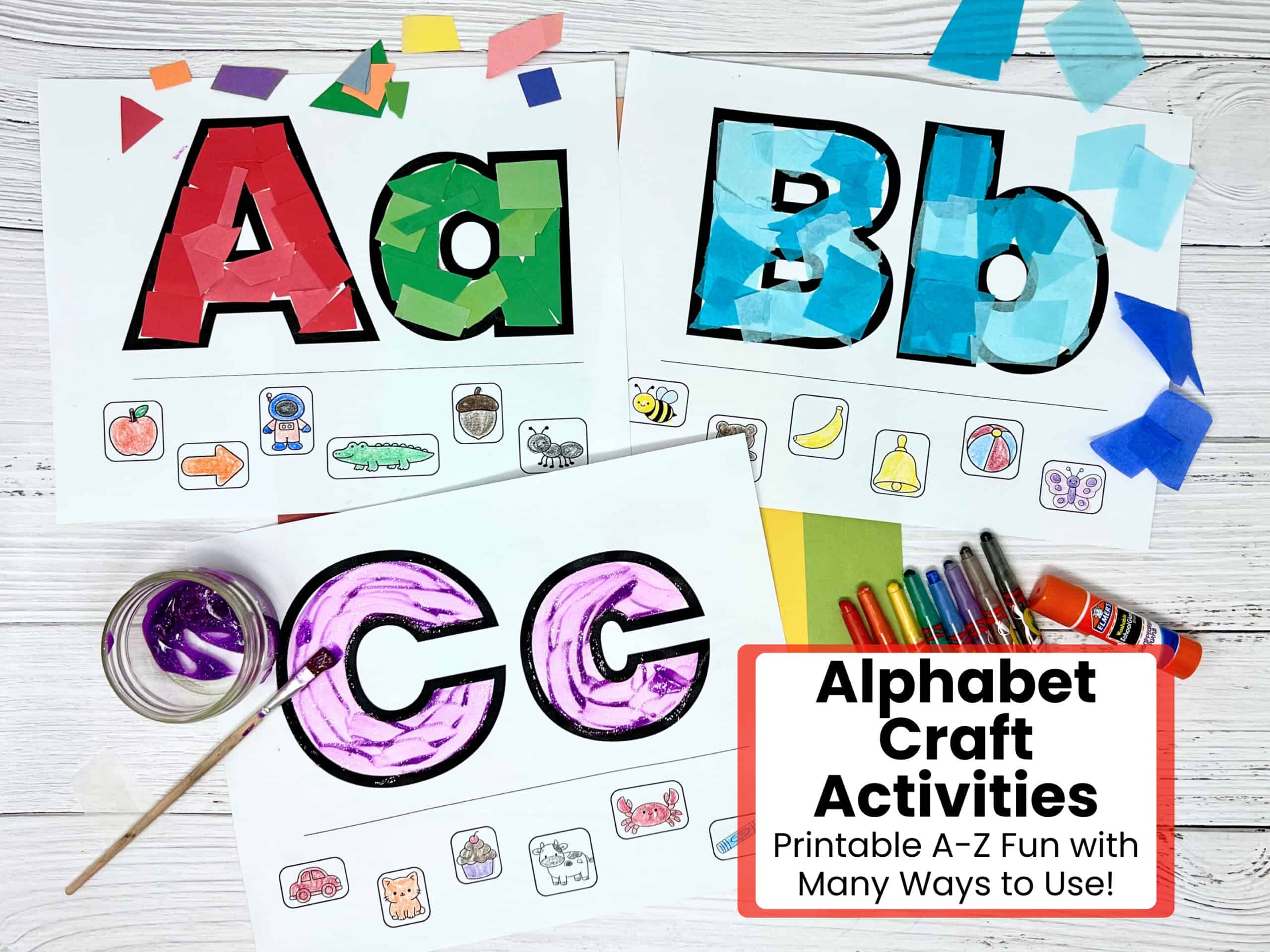 Printable alphabet craft activities featuring Aa, Bb, and Cc with torn paper, tissue paper squares, and purple glitter paint.