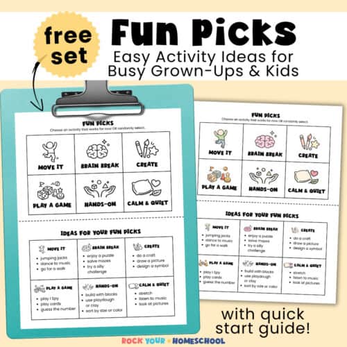 Black-and-white version of Fun Picks printable tool with easy activity ideas for busy grown-ups and kids on teal clipboard with color version of printable next to it.