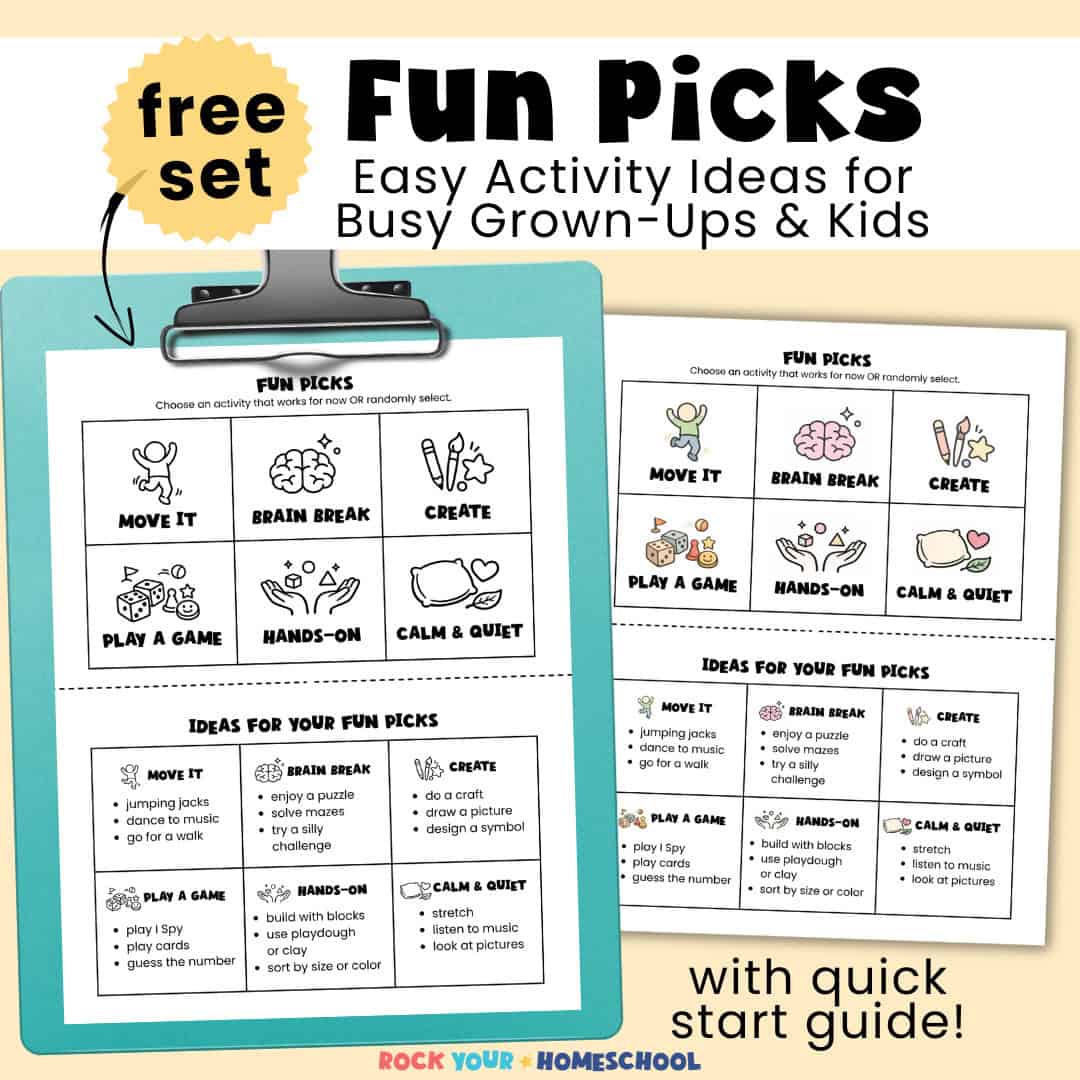 Black-and-white version of Fun Picks printable tool with easy activity ideas for busy grown-ups and kids on teal clipboard with color version of printable next to it.