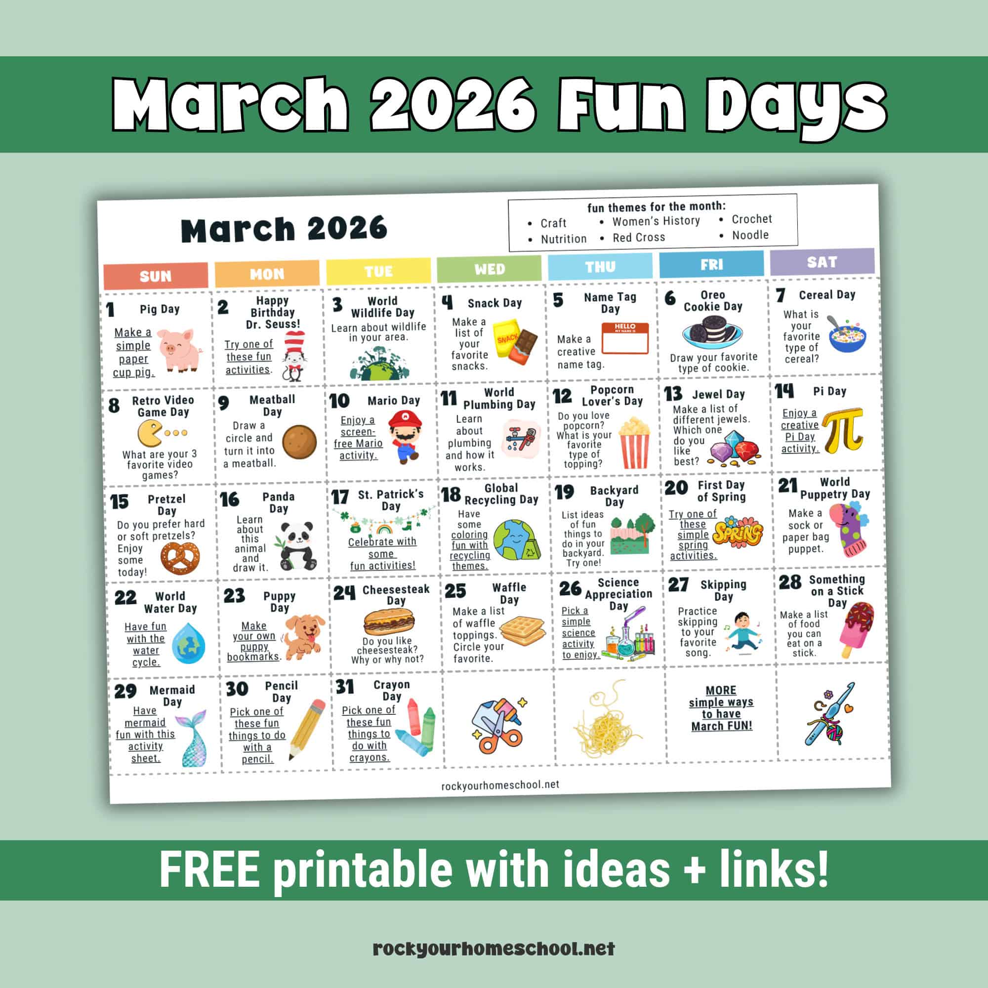 March 2026 Fun Days Calendar for Kids - Rock Your Homeschool