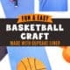 Craft supplies of blue construction paper, black marker, glue stick, and orange cupcake liner with two examples of easy basketball craft for kids.
