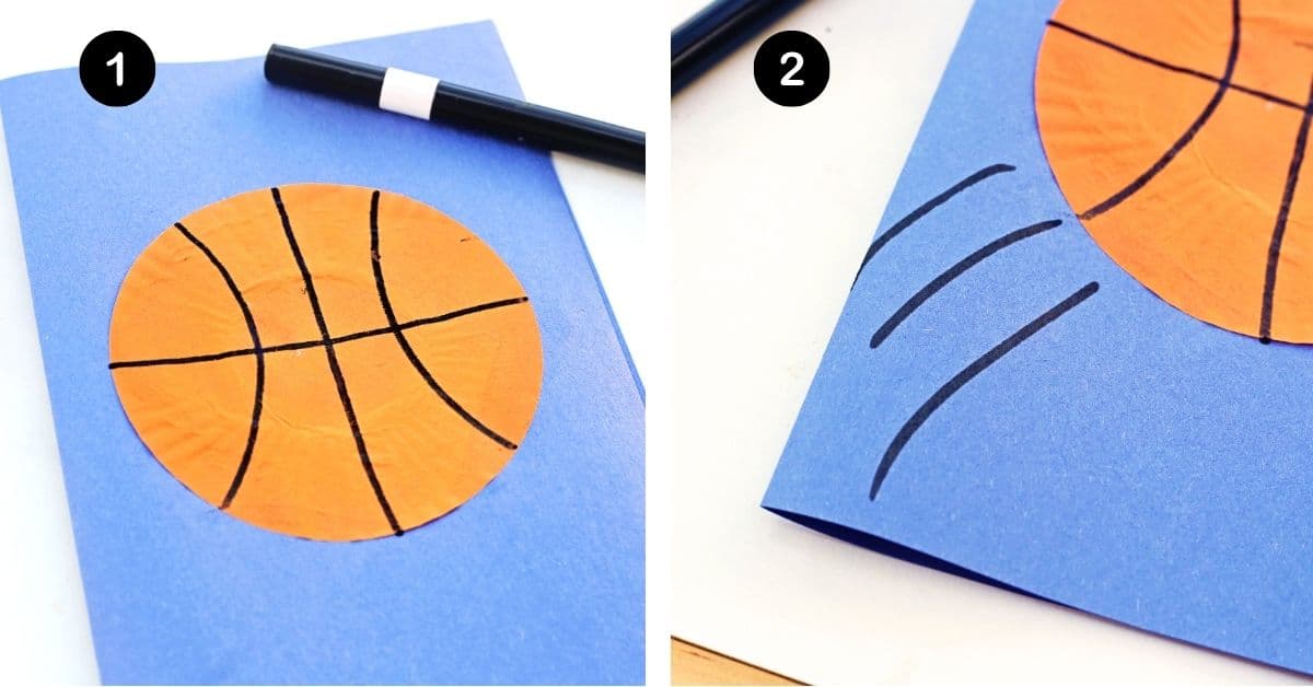 Black marker with orange cupcake liner on blue paper for simple basketball craft card.
