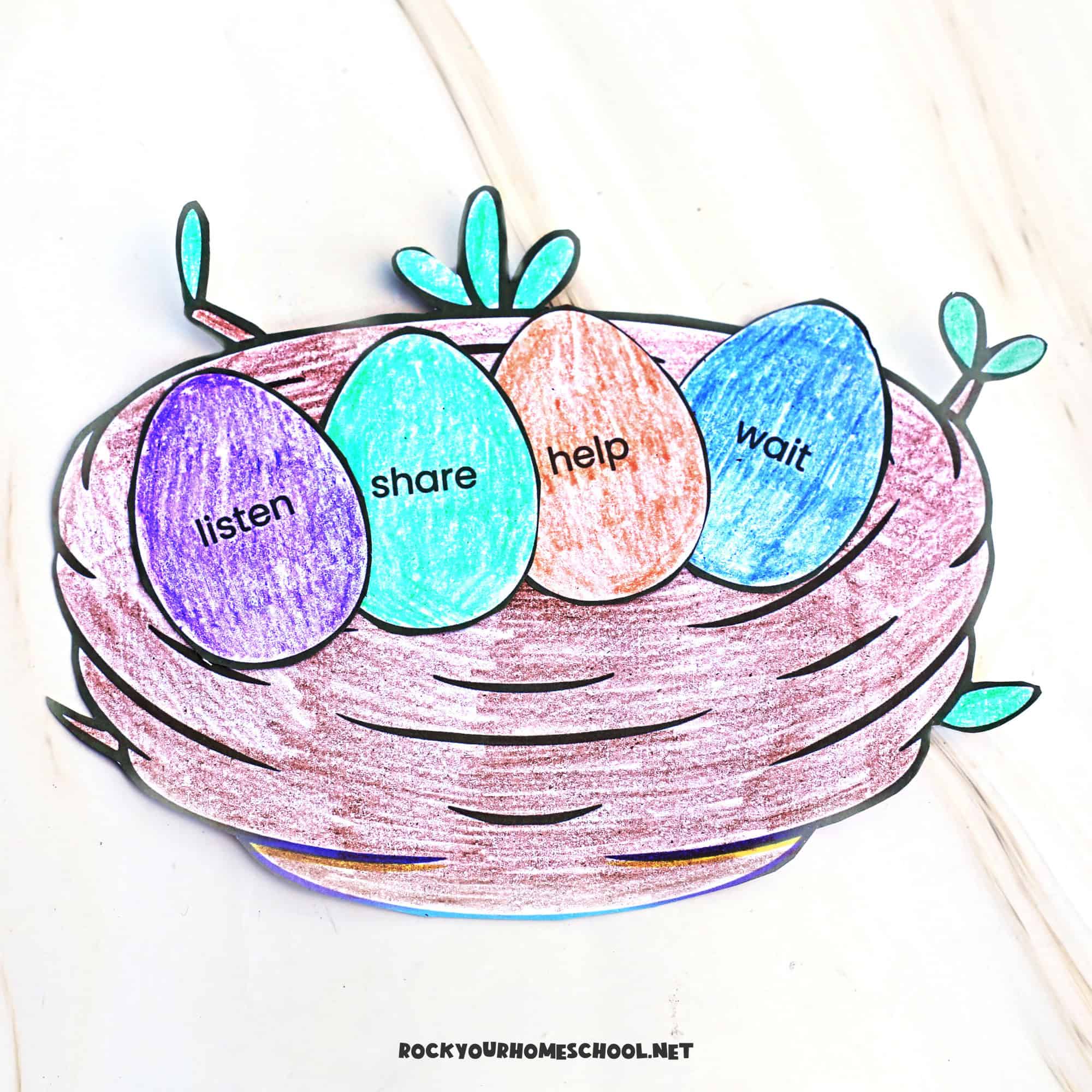 Example of free printable empathy craft for kids featuring eggs in a nest.
