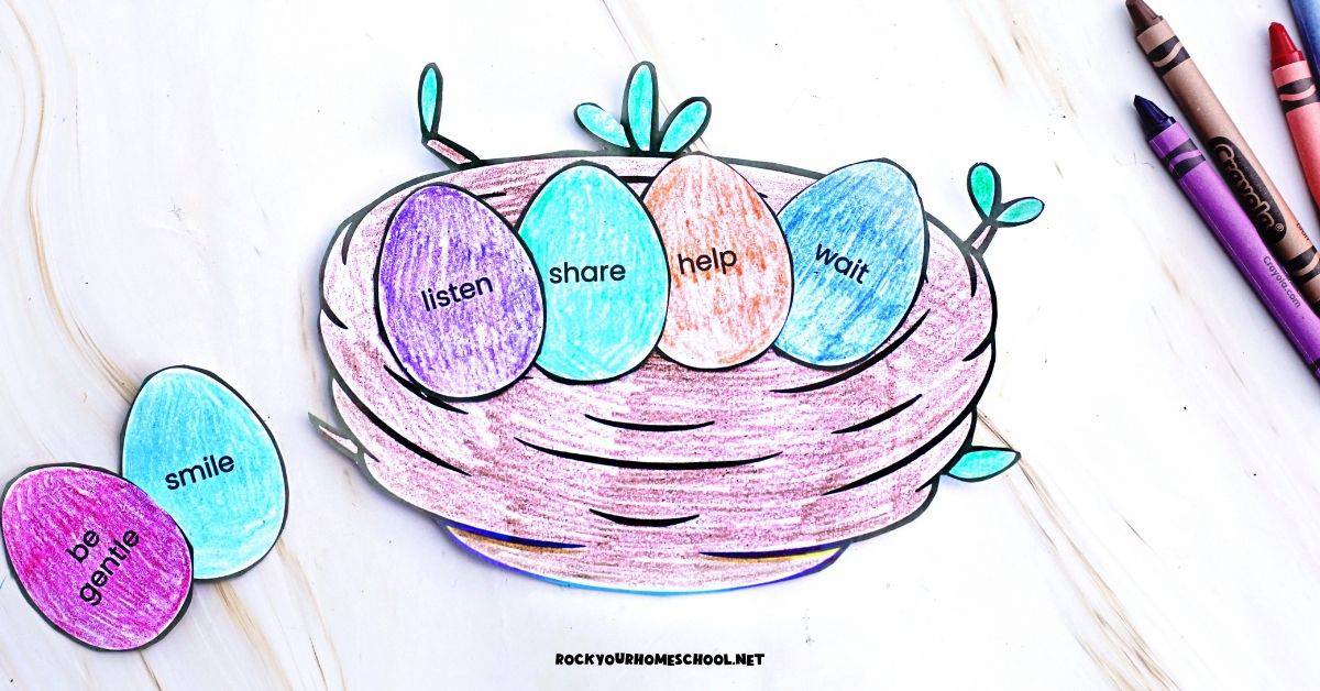 Example of empathy craft with paper eggs and nest.