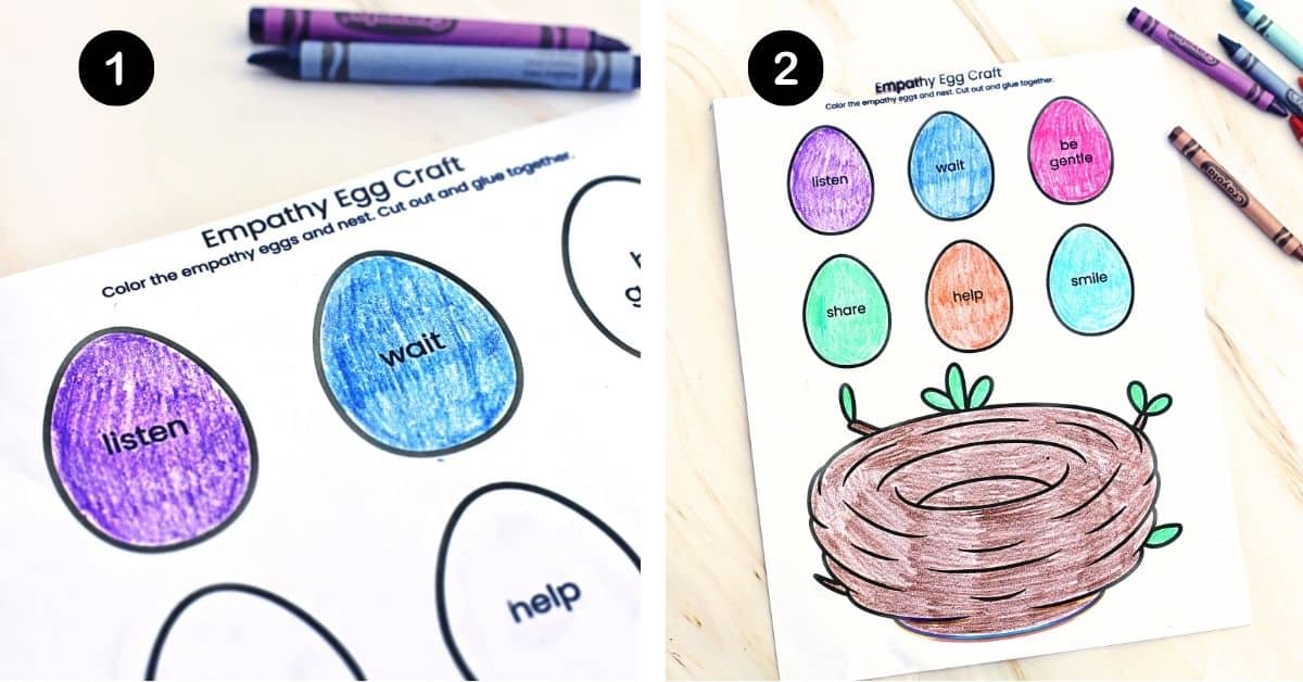 Crayons with examples of free printable empathy craft featuring eggs in a nest.