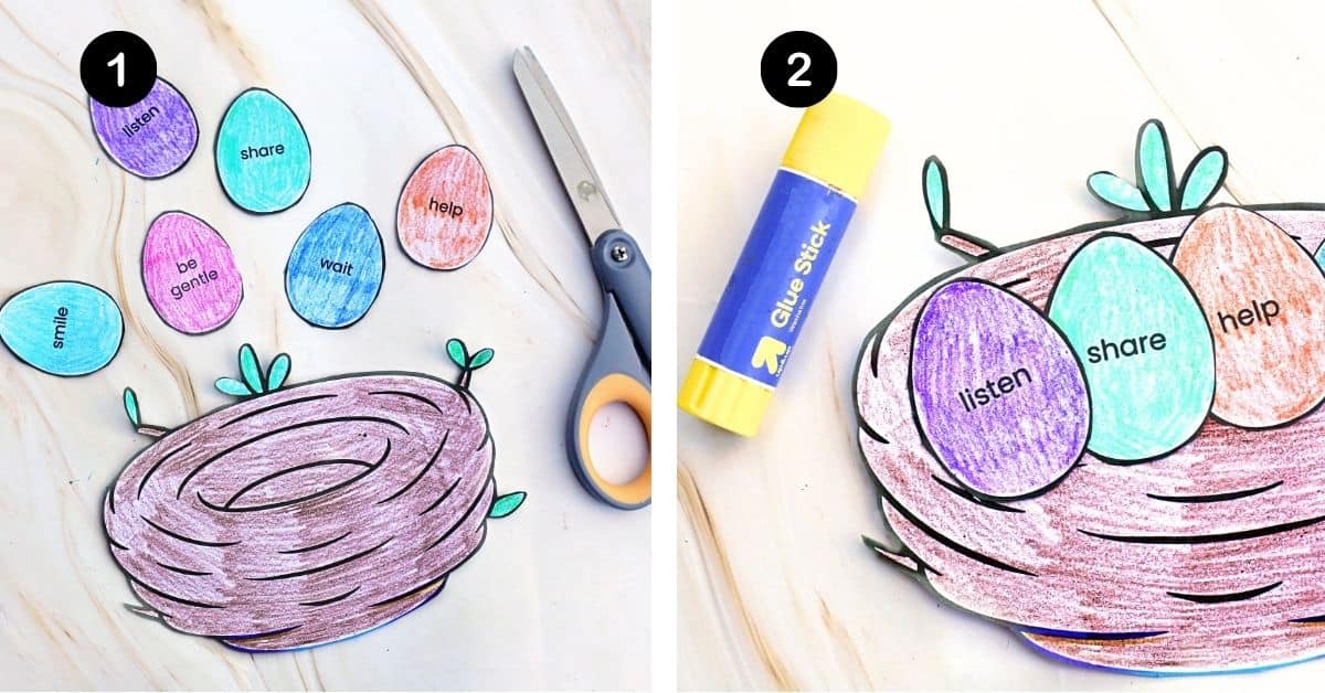 Paper eggs cut out with paper nest with scissors and glue stick for this empathy craft for kids.