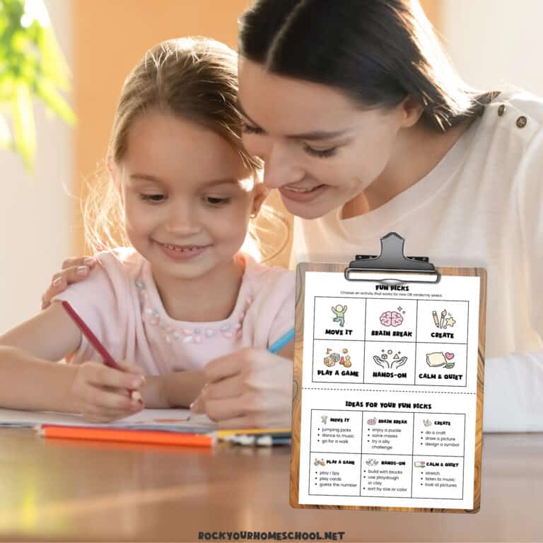 Mom and daughter smiling as they draw pictures together to feature these fun activities for kids with free printable Fun Picks activity menu.