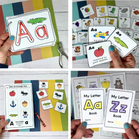 Four examples of fun and easy letter preschool activities for kids including tracing cards, movement cards, scavenger hunt, and mini coloring books.