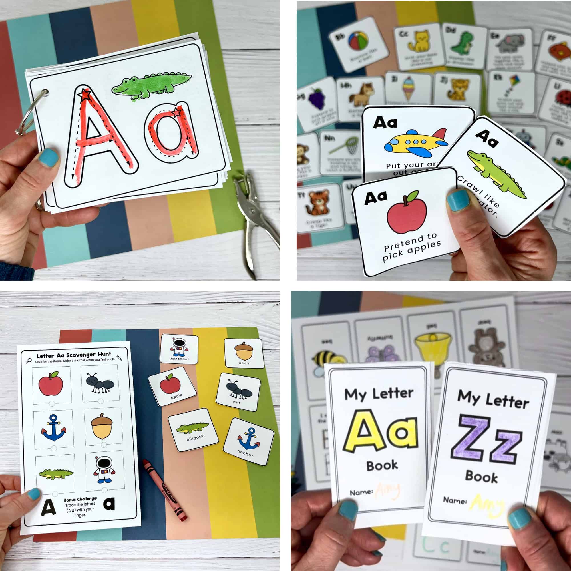 Four examples of fun and easy letter preschool activities for kids including tracing cards, movement cards, scavenger hunt, and mini coloring books.