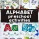 Examples of simple alphabet preschool activities for kids including letter movement cards, mini coloring books, and printable alphabet craft activities.