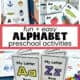 Examples of letter preschool activities for easly alphabet fun including scavenger hunt games, movement cards, and mini coloring books.