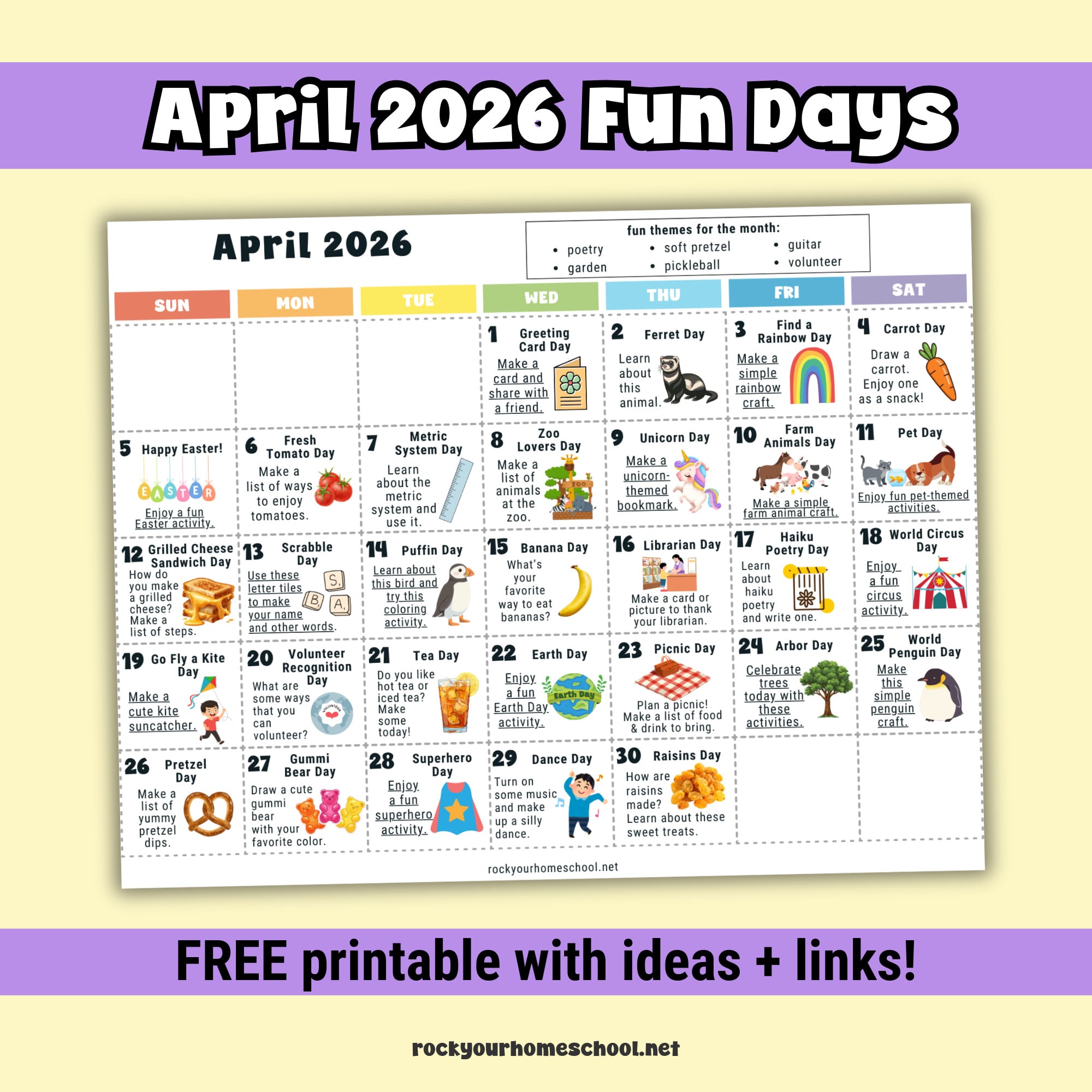 Example of free printable April 2026 Fun Days Calendar for Kids.