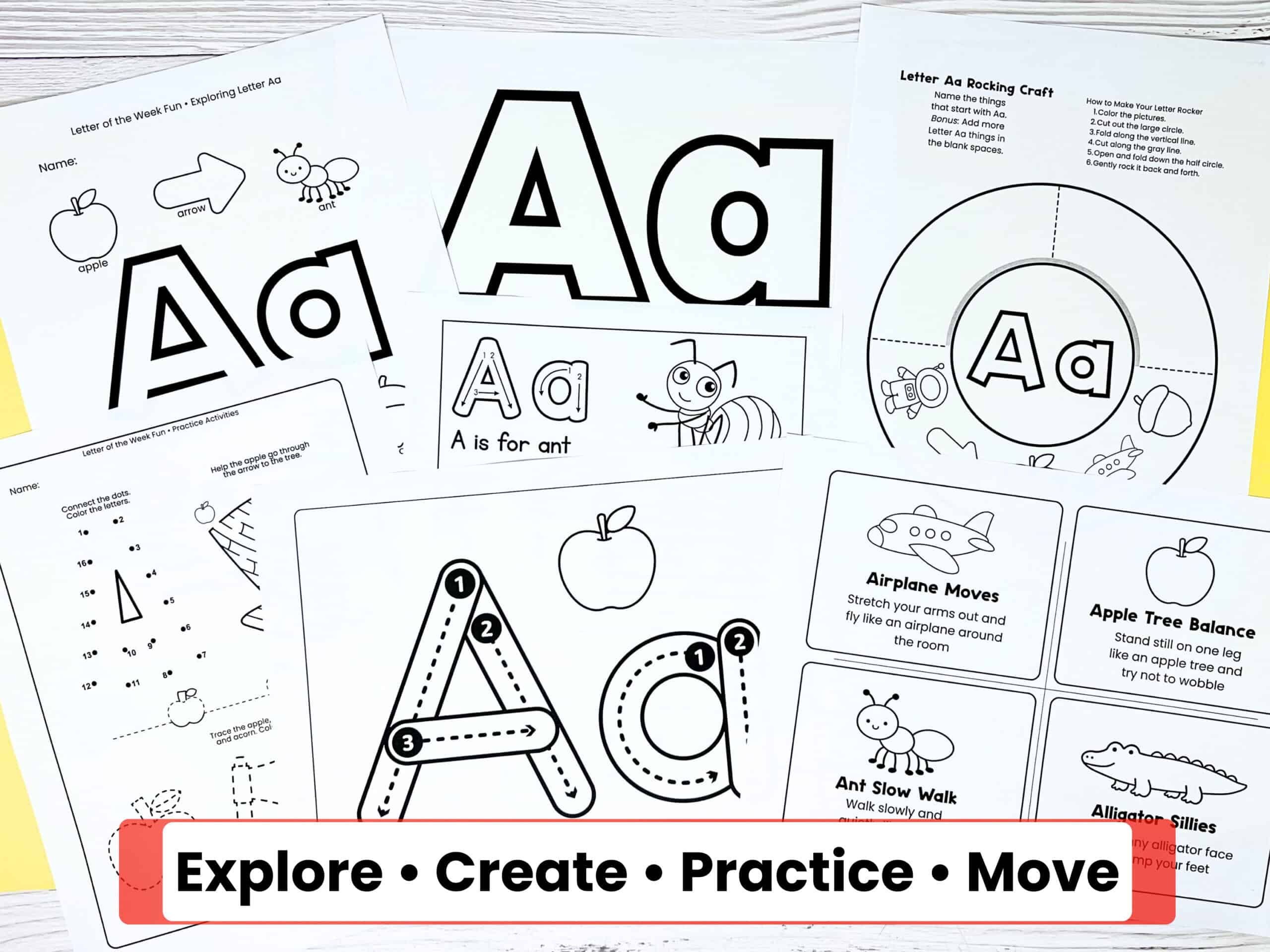 Printable examples of fun letter of the week activities to explore each letter, decorate letters, rocking crafts, tracing practice, playdough mats, and movement cards.