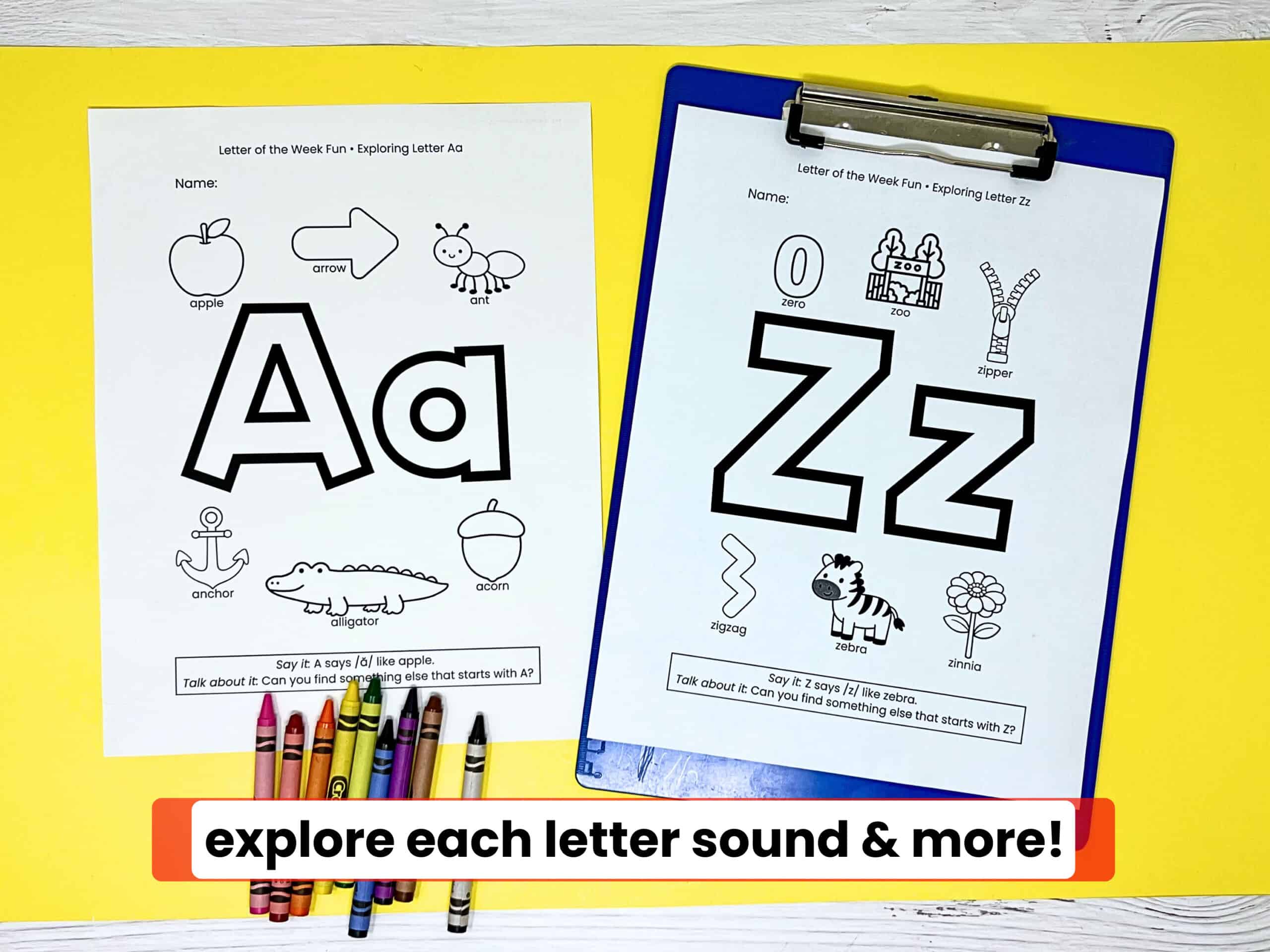 Printable explore letter pages to work on letter sounds, letter recognition, and more.