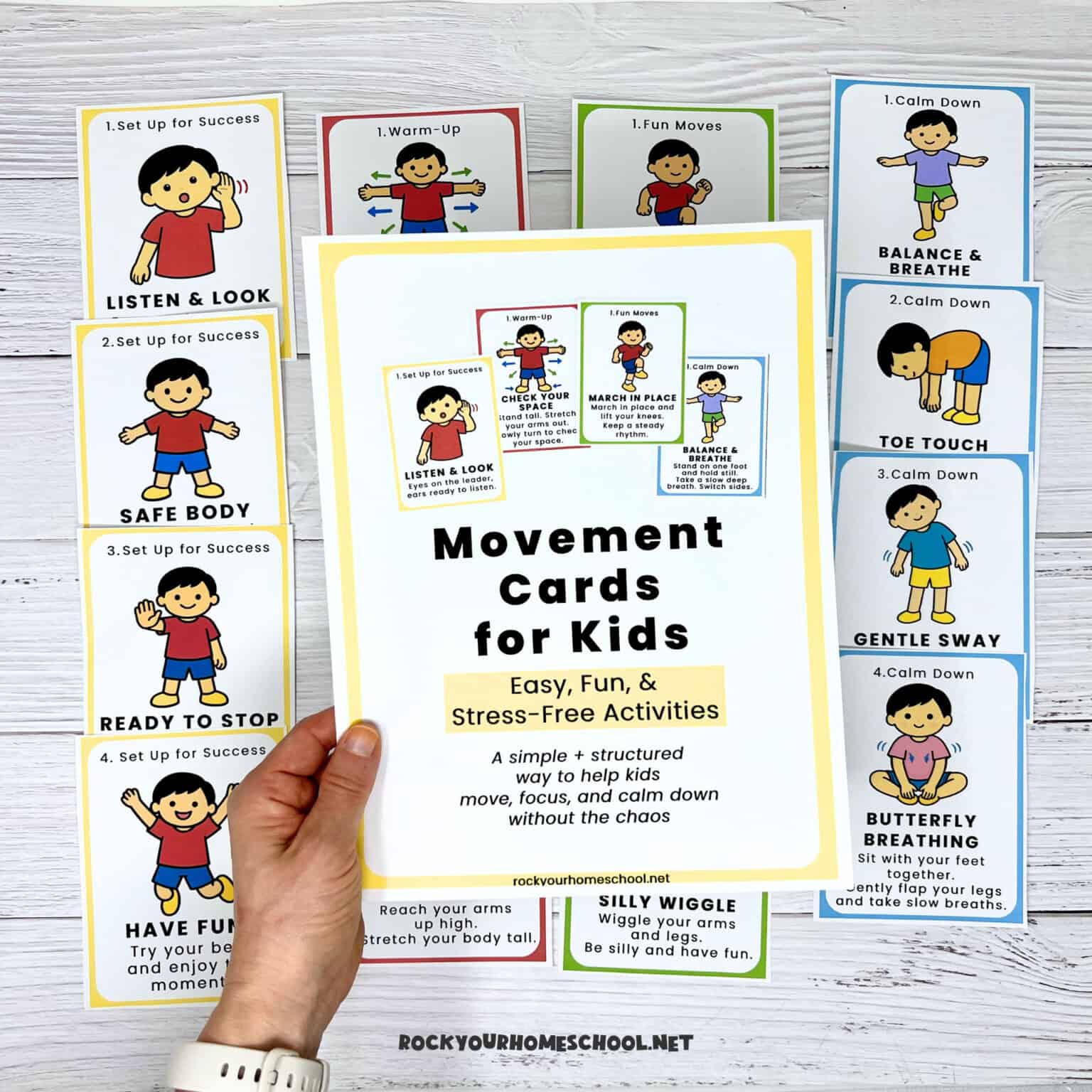 Movement & Brain Breaks Woman holding cover of free printable Movement Cards for Kids starter set with cards in background to help with set up for success, warm-up, fun moves, and calm down.