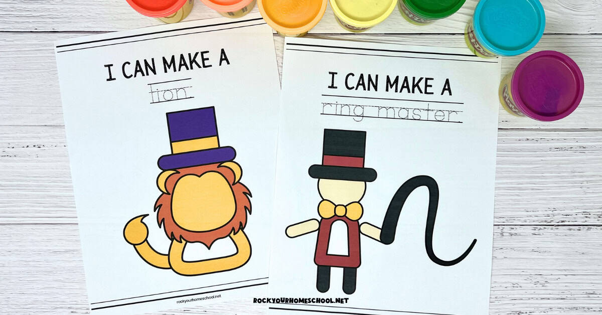 Examples of free printable circus playdough mats featuring lion and ring master.