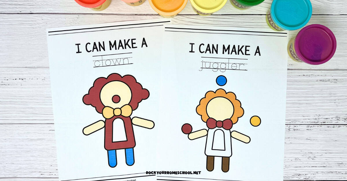 Example of circus playdough mats of clown and juggler.