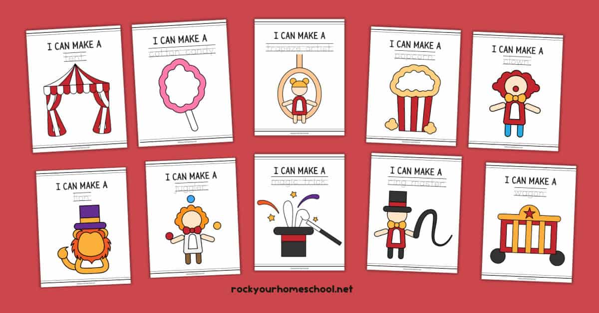 10 examples of free printable circus playdough mats featuring big top tent, cotton candy, trapeze artist, popcorn, clown, lion, juggler, magic trick, ring master, and wagon.