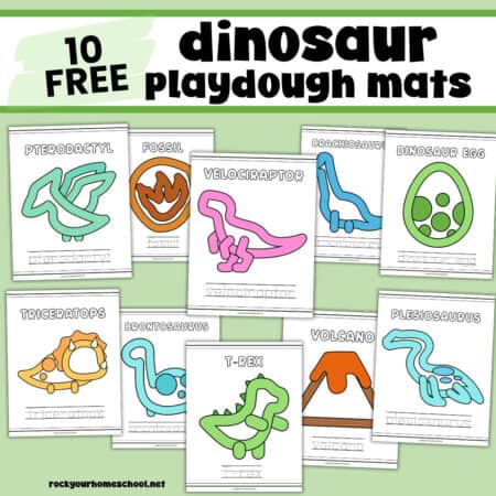 10 printable dinosaur playdough mats including T-Rec, triceratops, pterodactyl, and more.