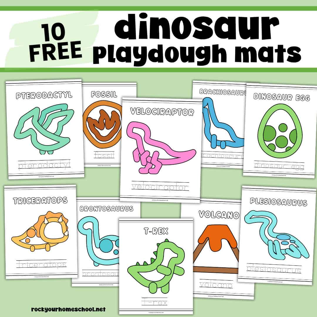 10 printable dinosaur playdough mats including T-Rec, triceratops, pterodactyl, and more.