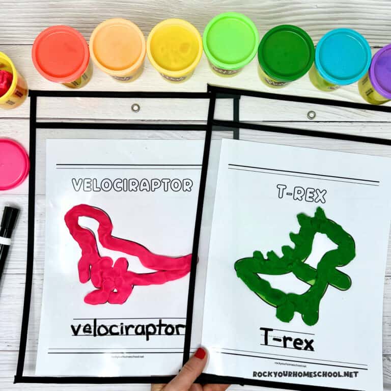 Woman holding two examples of dinosaur playdough mats of velociraptor and T-Rex with a rainbow of playdough cans.