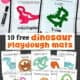 Woman holding velociraptor and T-Rex playdough mats and the full collection 10 free dinosaur mats including triceratops, pterodactyl, and more.