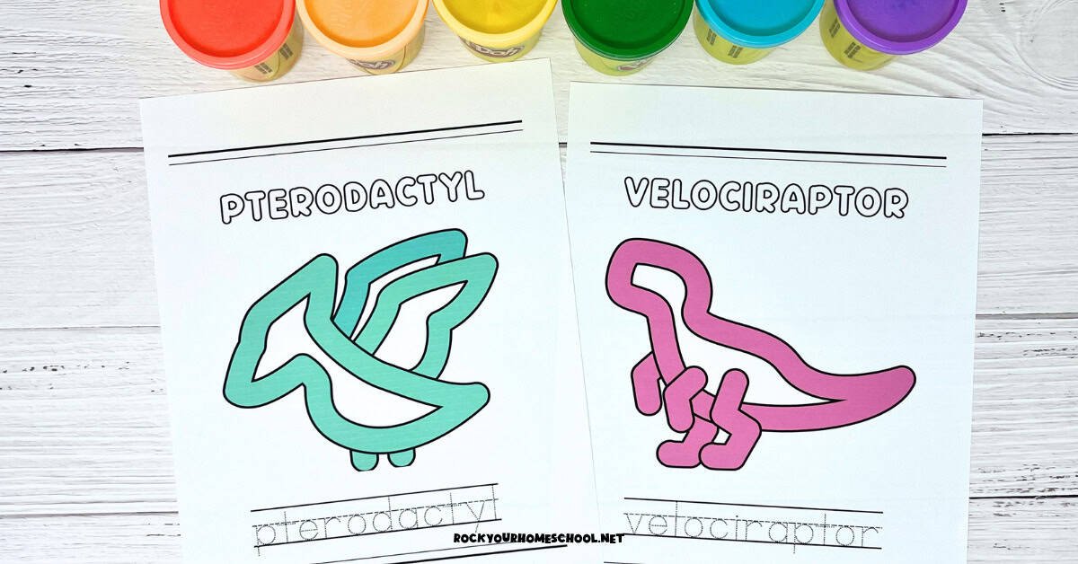 Two examples of free printable dinosaur playdough mats featuring pterodactyl and velociraptor with rainbow of playdough cans.