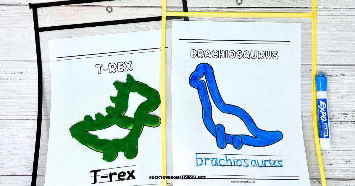 T-Rex and brachiosaurus playdough mats for dinosaur fun.