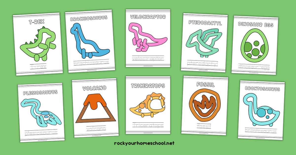 10 examples of free printable dinosaur playdough mats including T-Rex, brachiosaurus, velociraptor, pterodactyl, dinosaur egg, pleisosaurus, volcano, triceratops, fossil, and brontosaurus.