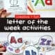 Woman holding printable alphabet movement cards, letter of the week playdough mats, and printable letter rocking crafts.