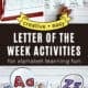 Printable letter of the week tracing activities, alphabet moving cards, and letter rocking crafts for Aa, Bb, and Zz.