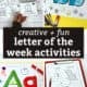 Woman holding printable letter of the week movement cards, letter Bb craft decorated with tissue paper, letter Aa playdough mat, and alphabet tracing activities.
