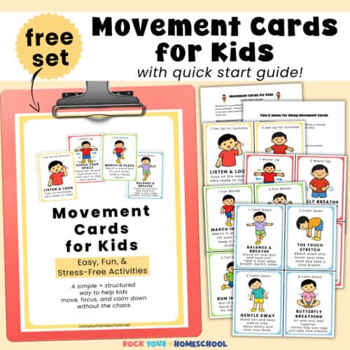 Movement Cards for Kids cover page on light red clipboard with examples of printable pages of the set up for success, warm up, move, calm down cards.