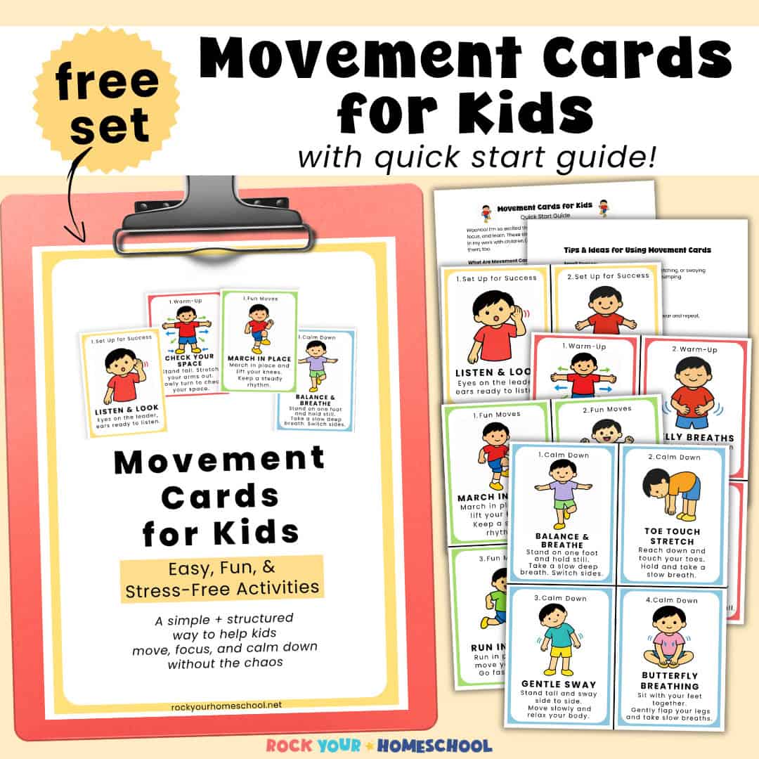 Movement Cards for Kids cover page on light red clipboard with examples of printable pages of the set up for success, warm up, move, calm down cards.