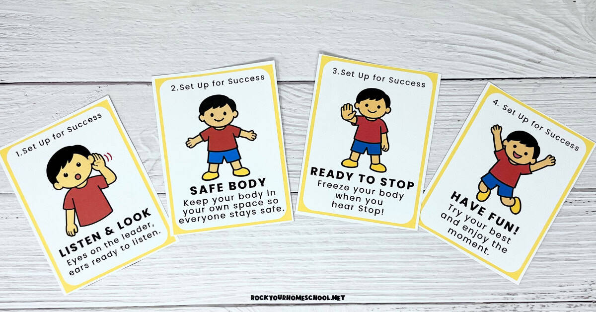 Four printable cards for set up for success for movement activities for kids.