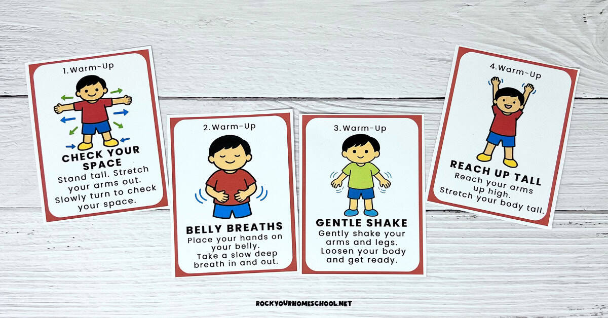 Four printable cards for warm-up exercises to practice listening and focus for movement activities for kids.