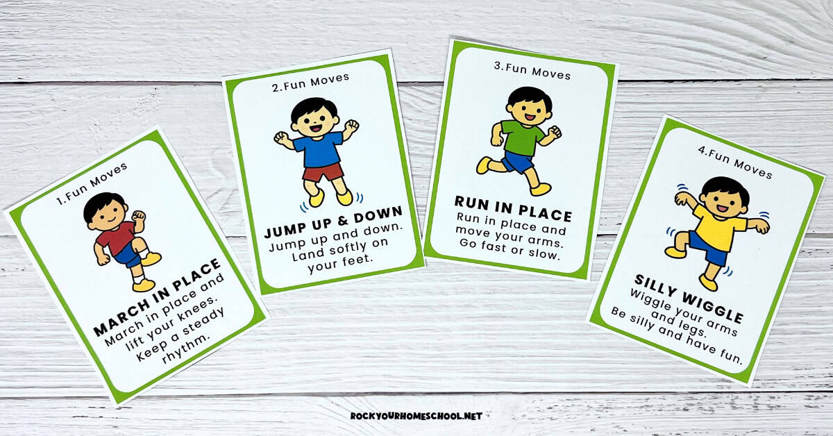 Four printable cards of fun moves for kids movement activities.