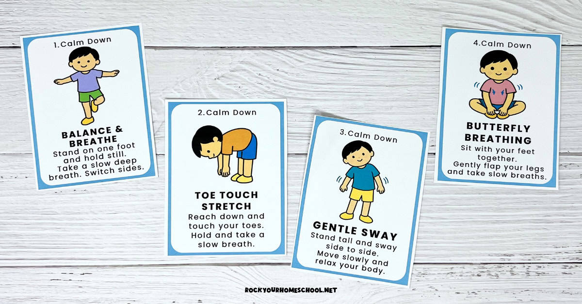 Four printable cards of calm down movement cards for kids.