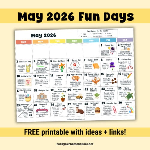 Free printable May 2026 fun days calendar for kids.