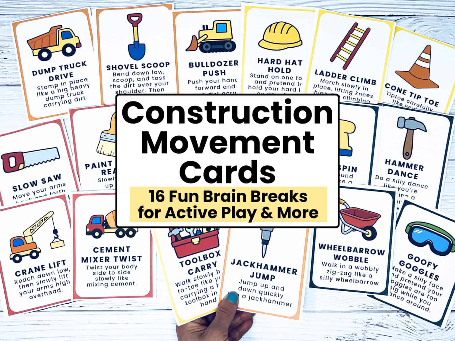 16 printable construction movement cards for kids.