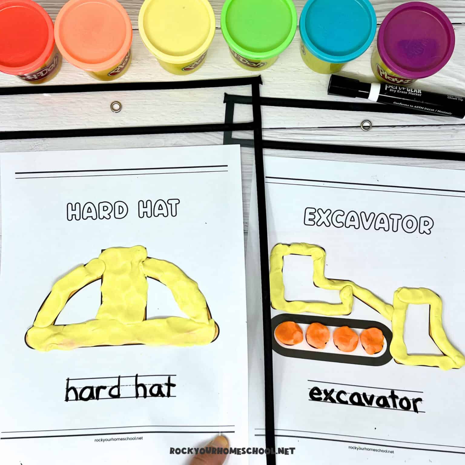 Construction playdough mats with examples of hard hat and excavator.
