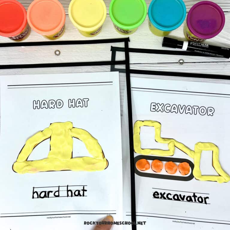 Construction playdough mats with examples of hard hat and excavator.